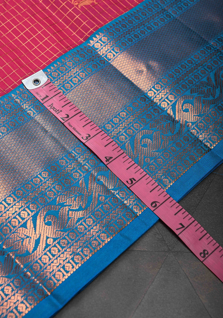 Dark Pink Zari Checks on Kanjivaram Semi Silk Saree with Zari Buttas and Contrast Zari Border