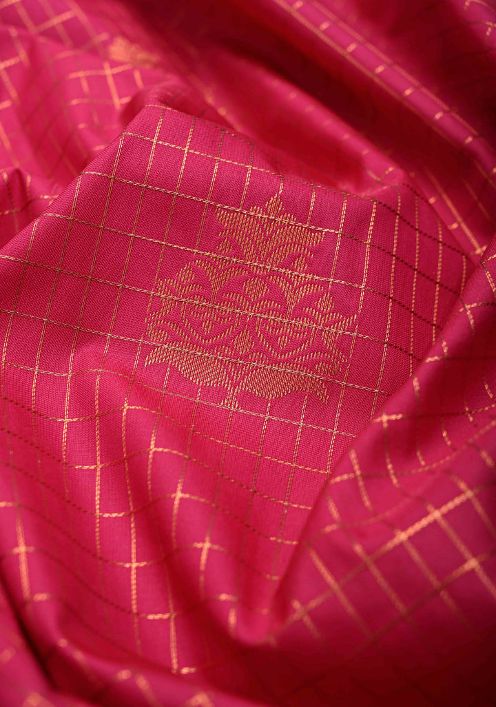 Dark Pink Zari Checks on Kanjivaram Semi Silk Saree with Zari Buttas and Contrast Zari Border