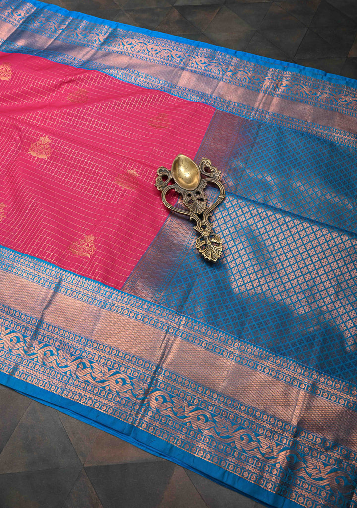 Dark Pink Zari Checks on Kanjivaram Semi Silk Saree with Zari Buttas and Contrast Zari Border