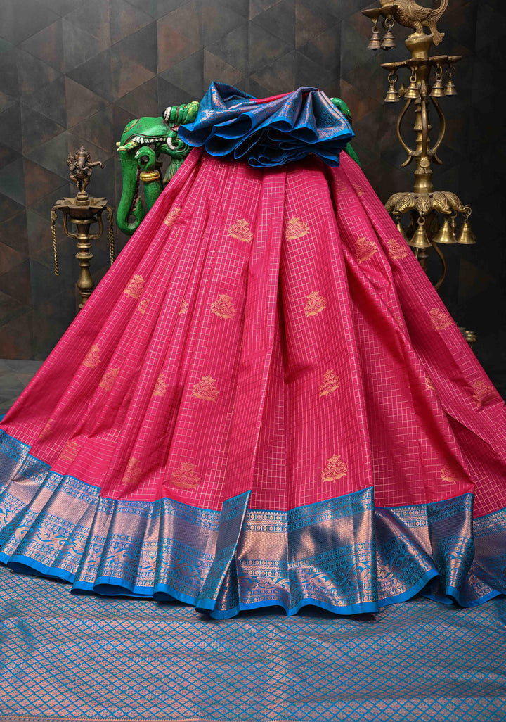 Dark Pink Zari Checks on Kanjivaram Semi Silk Saree with Zari Buttas and Contrast Zari Border