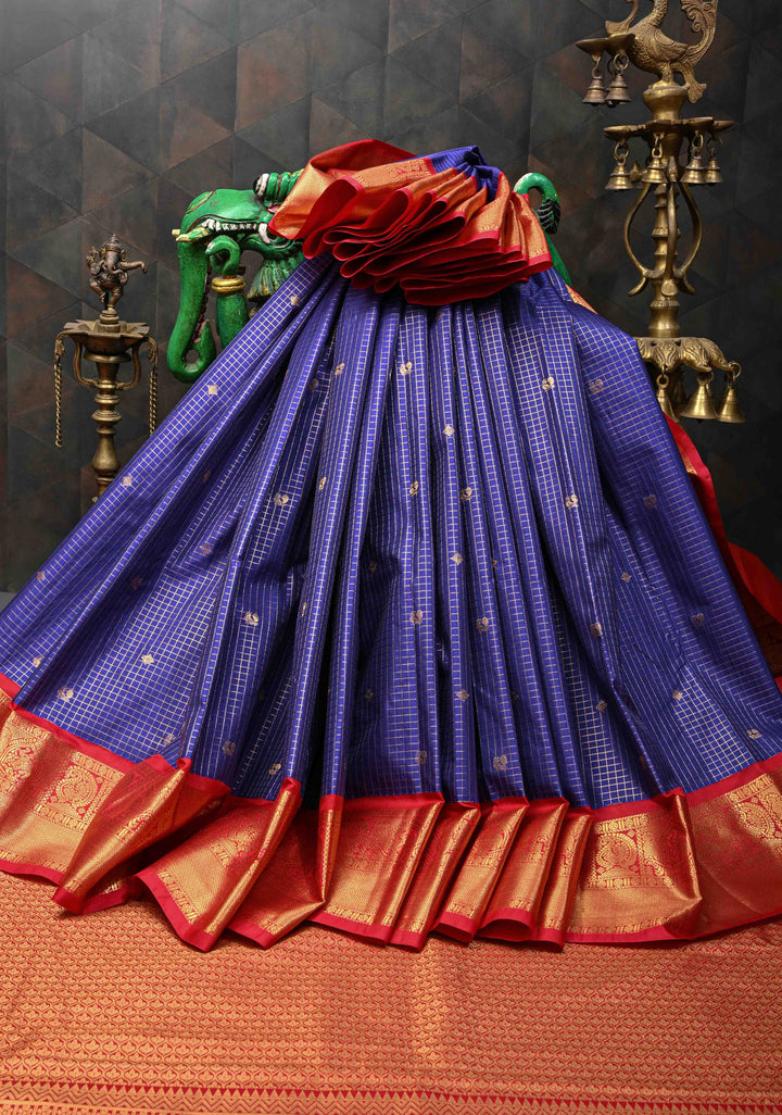 Dark Sapphire Podi-Kattam Zari Checks Kanjivaram Semi Silk Saree with Zari Buttas and Contrast Zari Border