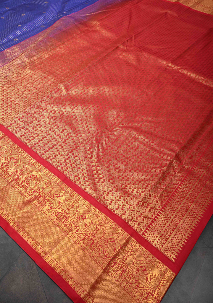 Dark Sapphire Podi-Kattam Zari Checks Kanjivaram Semi Silk Saree with Zari Buttas and Contrast Zari Border