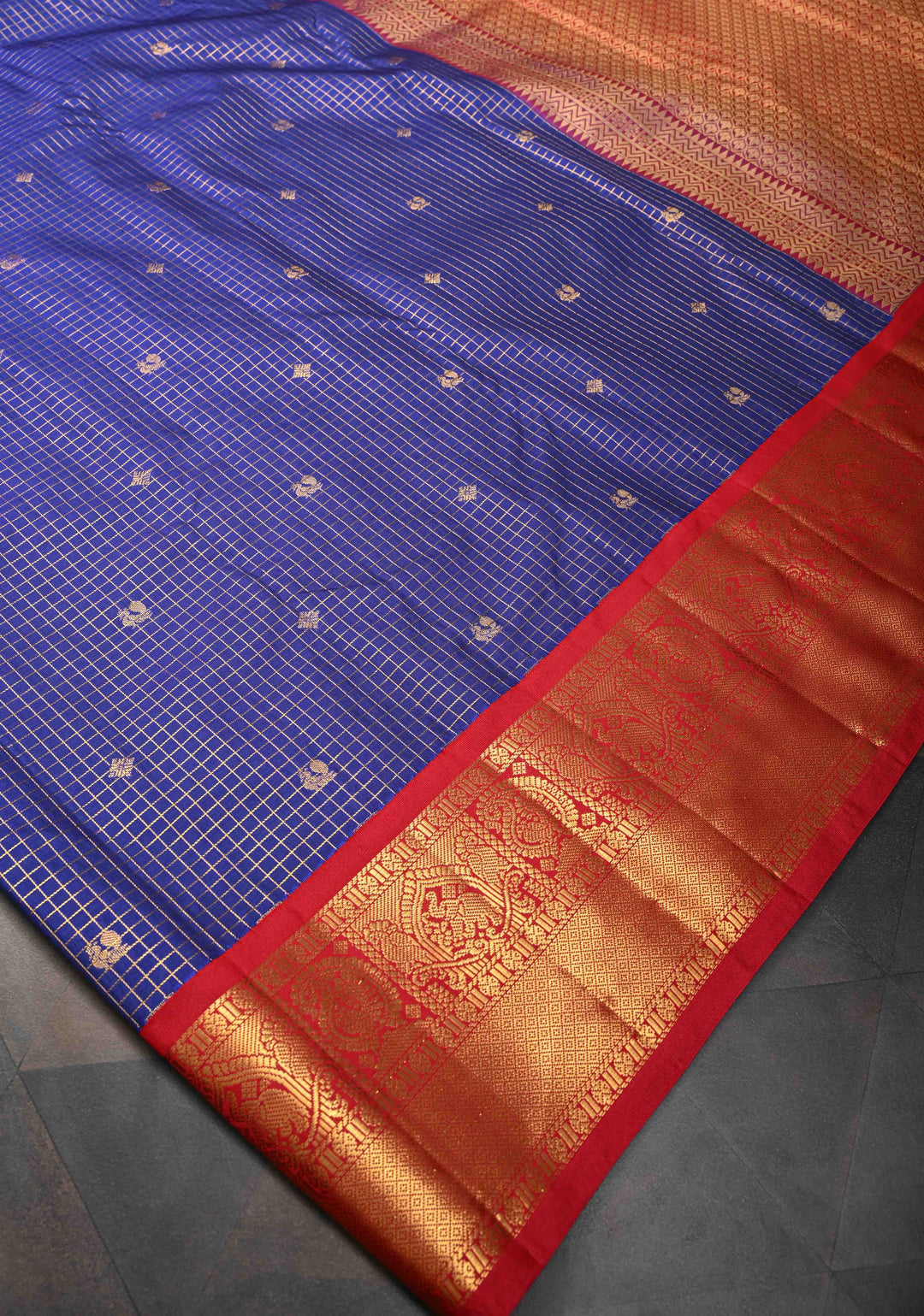 Dark Sapphire Podi-Kattam Zari Checks Kanjivaram Semi Silk Saree with Zari Buttas and Contrast Zari Border