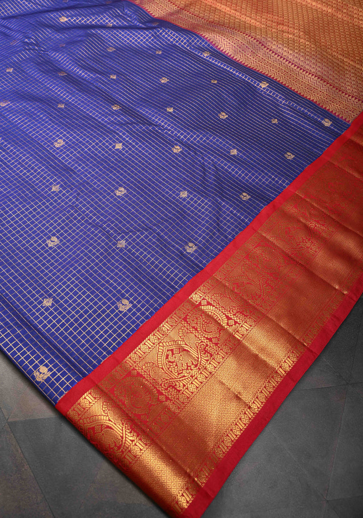 Dark Sapphire Podi-Kattam Zari Checks Kanjivaram Semi Silk Saree with Zari Buttas and Contrast Zari Border