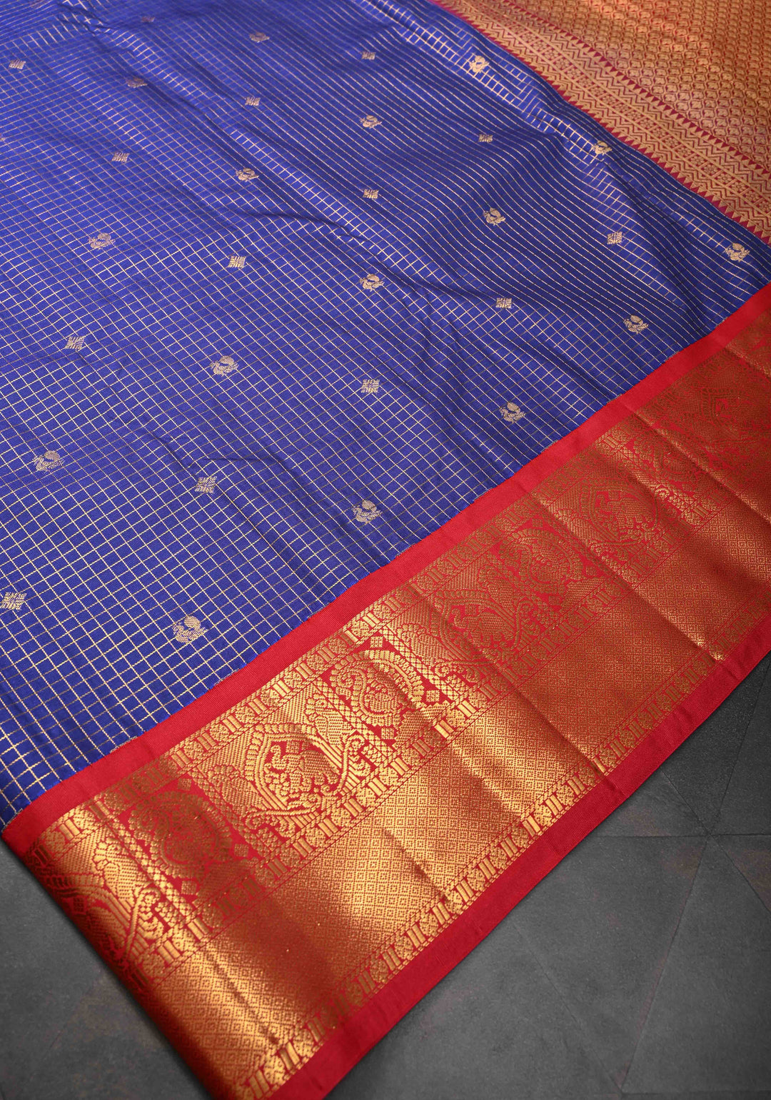 Dark Sapphire Podi-Kattam Zari Checks Kanjivaram Semi Silk Saree with Zari Buttas and Contrast Zari Border