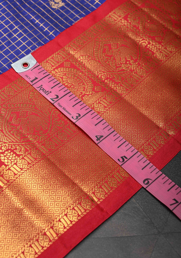 Dark Sapphire Podi-Kattam Zari Checks Kanjivaram Semi Silk Saree with Zari Buttas and Contrast Zari Border
