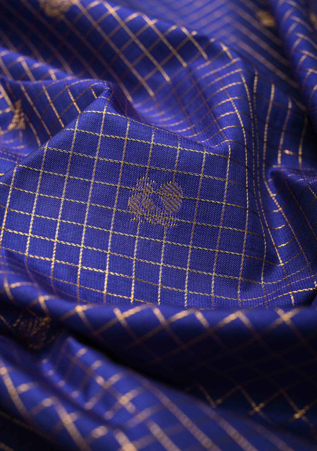 Dark Sapphire Podi-Kattam Zari Checks Kanjivaram Semi Silk Saree with Zari Buttas and Contrast Zari Border