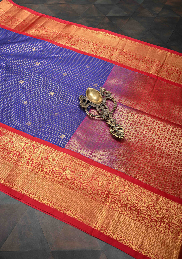 Dark Sapphire Podi-Kattam Zari Checks Kanjivaram Semi Silk Saree with Zari Buttas and Contrast Zari Border
