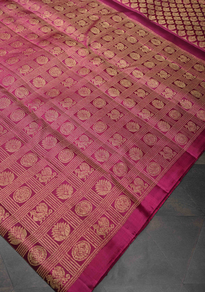 Magenta Borderless Kanjivaram Silk Saree with Patola Brocade and Zari pallu | SILK MARK CERTIFIED