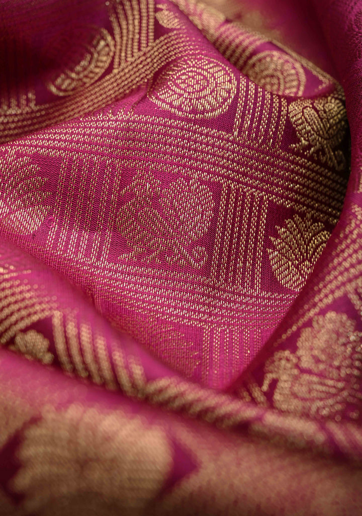 Magenta Borderless Kanjivaram Silk Saree with Patola Brocade and Zari pallu | SILK MARK CERTIFIED