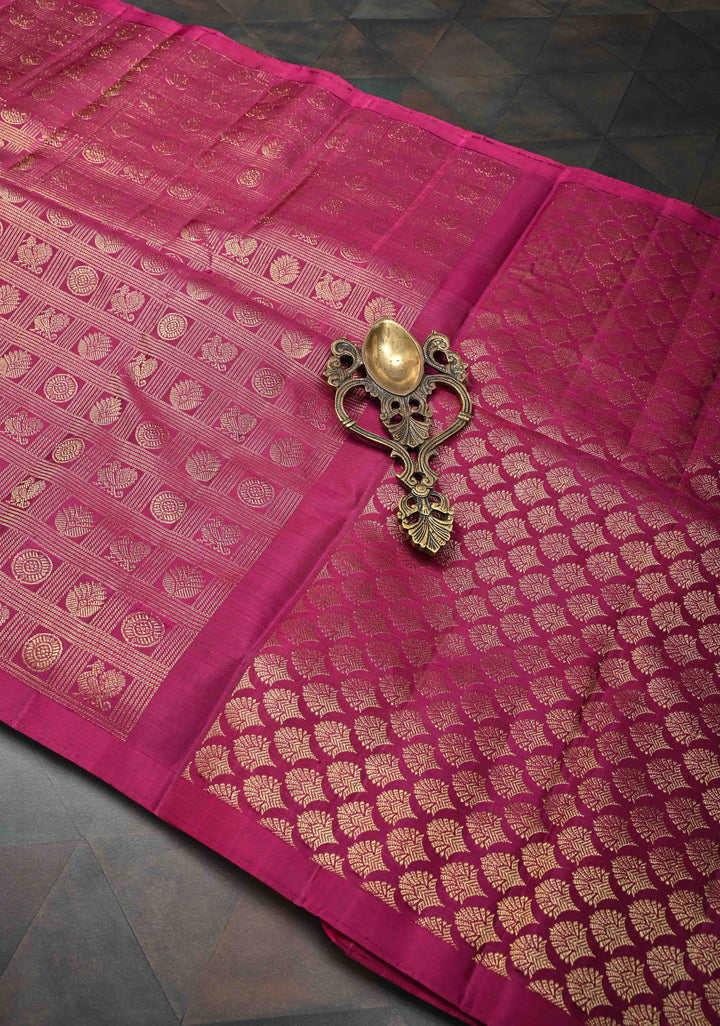 Magenta Borderless Kanjivaram Silk Saree with Patola Brocade and Zari pallu | SILK MARK CERTIFIED