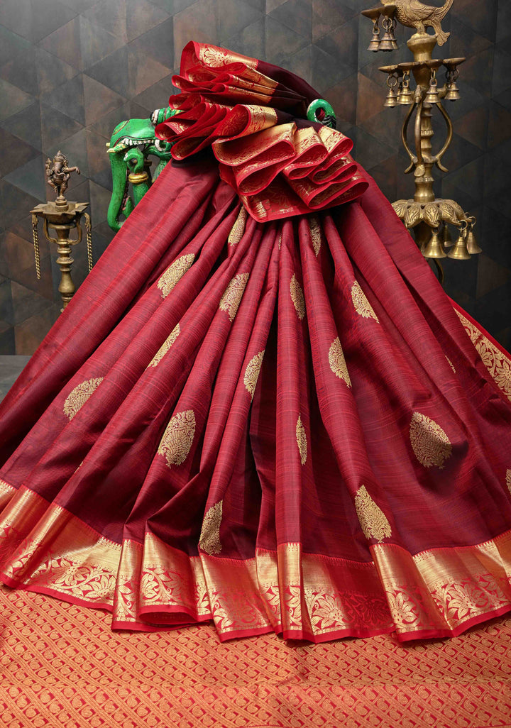 Maroon Kanjivaram Silk Saree with Zari Motifs and Zari Border | SILK MARK CERTIFIED