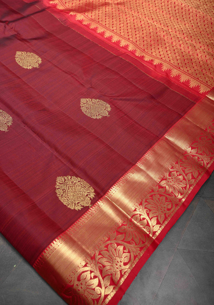 Maroon Kanjivaram Silk Saree with Zari Motifs and Zari Border | SILK MARK CERTIFIED