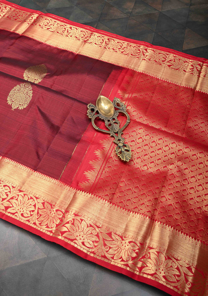 Maroon Kanjivaram Silk Saree with Zari Motifs and Zari Border | SILK MARK CERTIFIED
