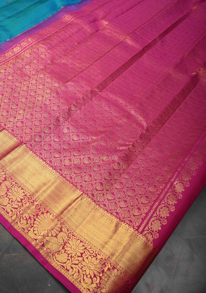 Carolina Blue Dual Tone Kanjivaram Silk Saree with Zari Buttas And Contrast Zari Border | SILK MARK CERTIFIED