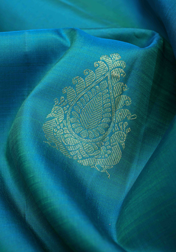 Carolina Blue Dual Tone Kanjivaram Silk Saree with Zari Buttas And Contrast Zari Border | SILK MARK CERTIFIED