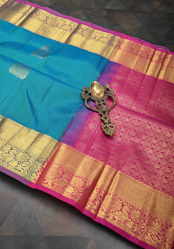 Carolina Blue Dual Tone Kanjivaram Silk Saree with Zari Buttas And Contrast Zari Border | SILK MARK CERTIFIED