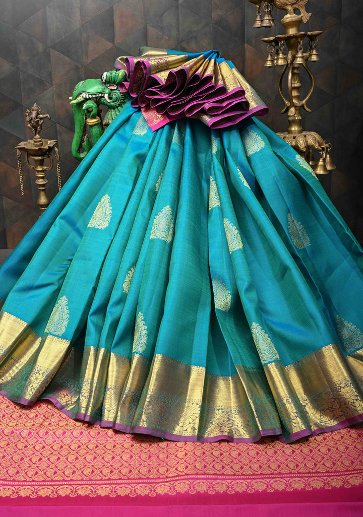 Carolina Blue Dual Tone Kanjivaram Silk Saree with Zari Buttas And Contrast Zari Border | SILK MARK CERTIFIED