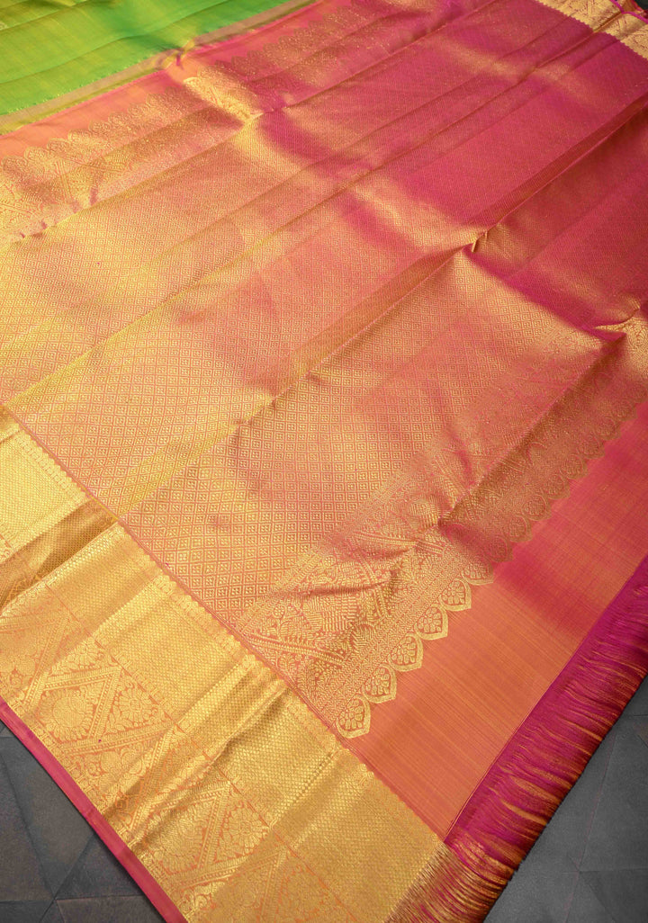 Lime Green Kanjivaram Silk Saree with Geometric Zari Buttas and Contrast Zari Border | SILK MARK CERTIFIED