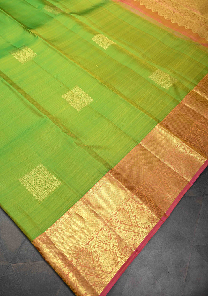 Lime Green Kanjivaram Silk Saree with Geometric Zari Buttas and Contrast Zari Border | SILK MARK CERTIFIED
