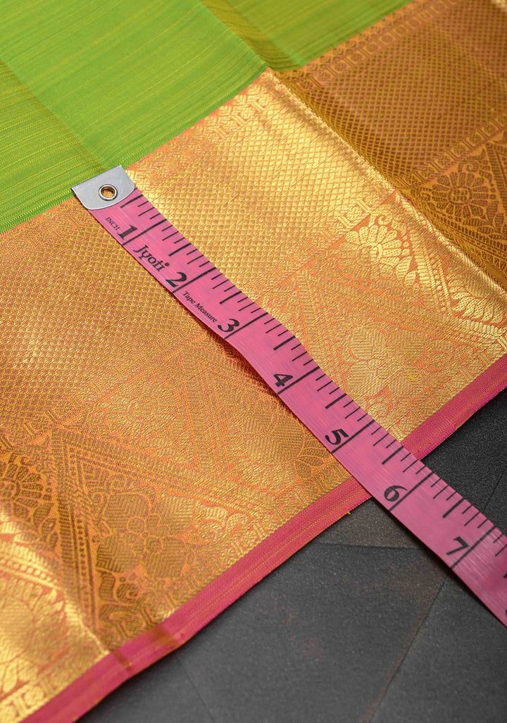 Lime Green Kanjivaram Silk Saree with Geometric Zari Buttas and Contrast Zari Border | SILK MARK CERTIFIED