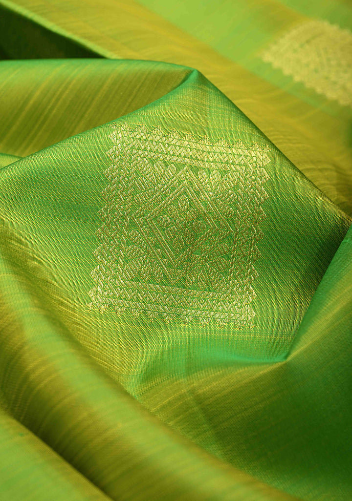 Lime Green Kanjivaram Silk Saree with Geometric Zari Buttas and Contrast Zari Border | SILK MARK CERTIFIED