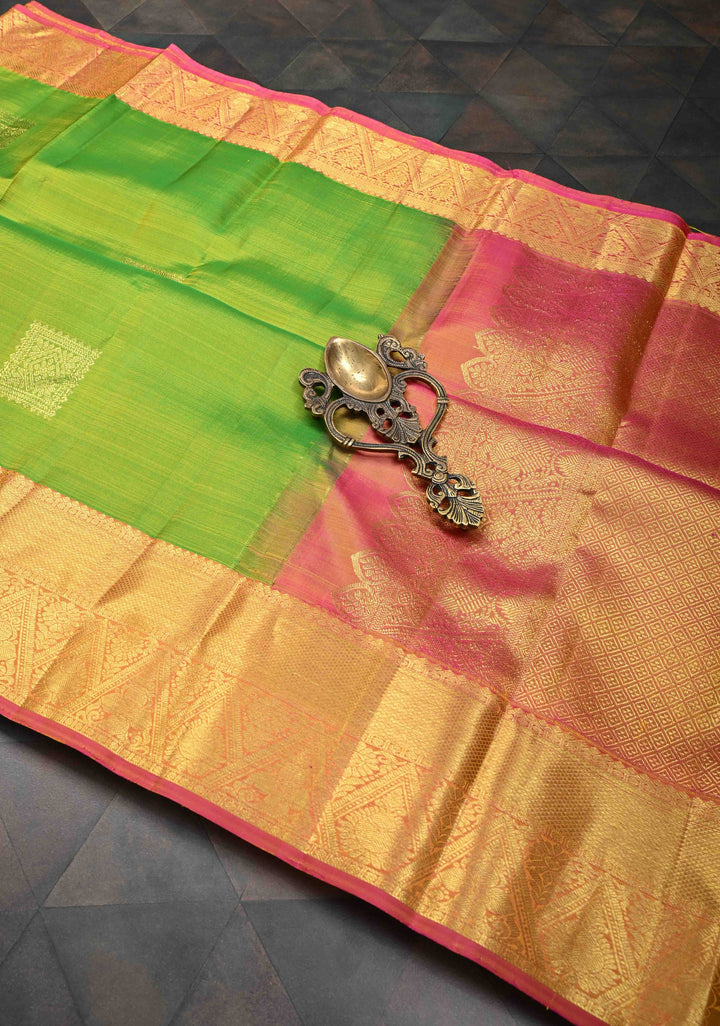 Lime Green Kanjivaram Silk Saree with Geometric Zari Buttas and Contrast Zari Border | SILK MARK CERTIFIED