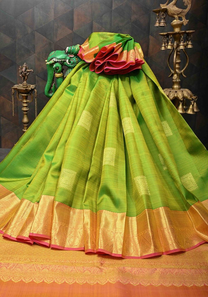 Lime Green Kanjivaram Silk Saree with Geometric Zari Buttas and Contrast Zari Border | SILK MARK CERTIFIED