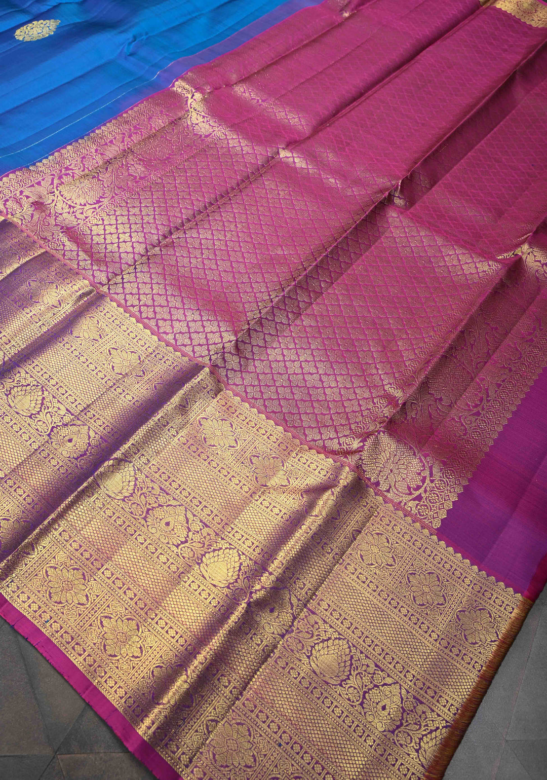 Sapphire Blue Kanjivaram Silk Saree with Zari Motifs and Wide Zari Border | SILK MARK CERTIFIED