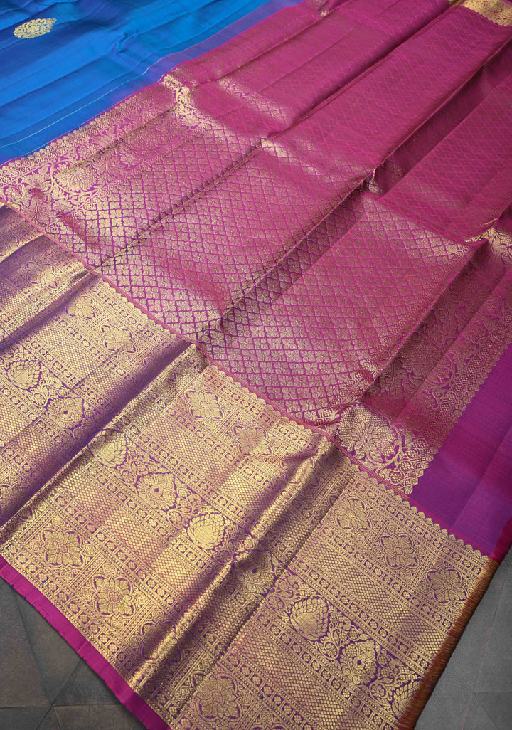 Sapphire Blue Kanjivaram Silk Saree with Zari Motifs and Wide Zari Border | SILK MARK CERTIFIED