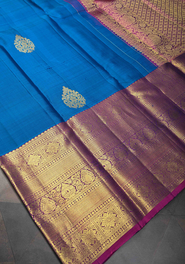 Sapphire Blue Kanjivaram Silk Saree with Zari Motifs and Wide Zari Border | SILK MARK CERTIFIED
