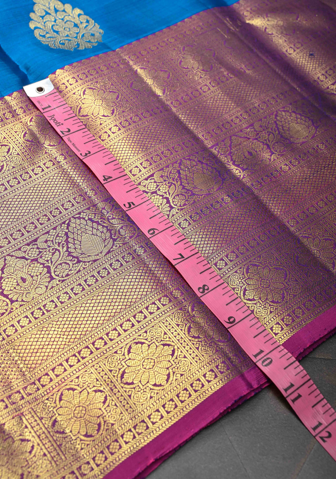 Sapphire Blue Kanjivaram Silk Saree with Zari Motifs and Wide Zari Border | SILK MARK CERTIFIED