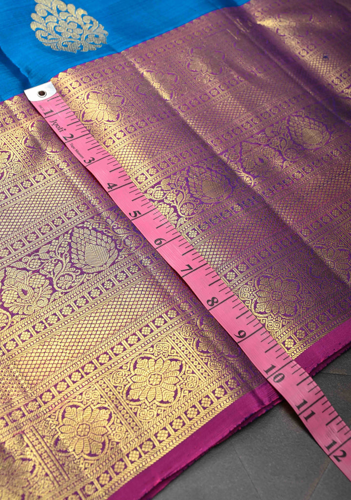 Sapphire Blue Kanjivaram Silk Saree with Zari Motifs and Wide Zari Border | SILK MARK CERTIFIED