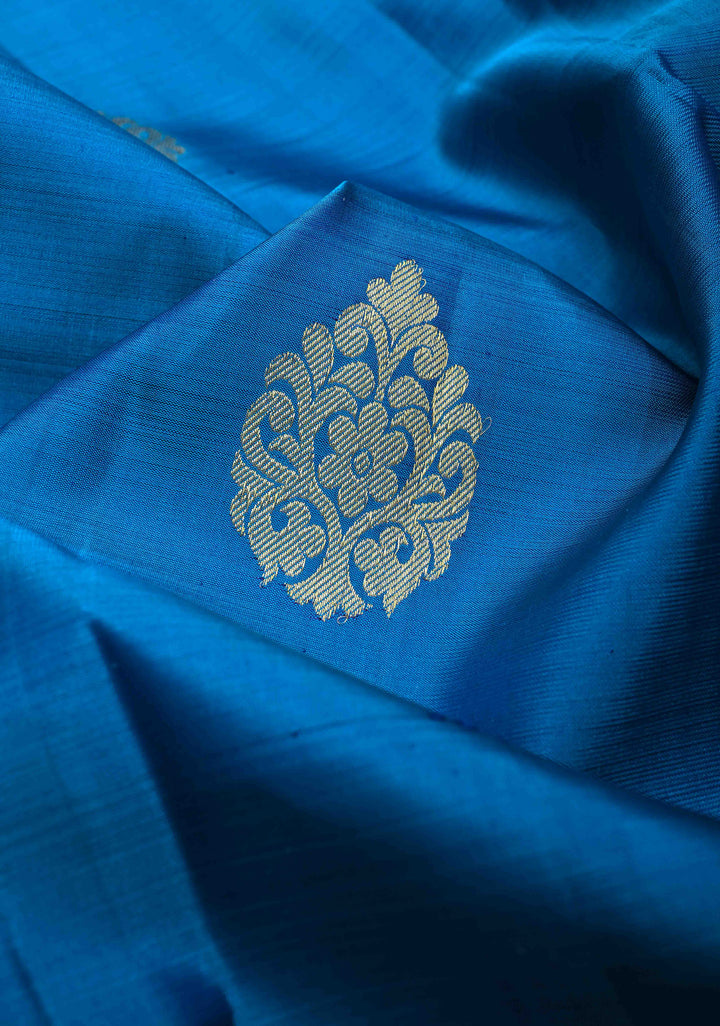Sapphire Blue Kanjivaram Silk Saree with Zari Motifs and Wide Zari Border | SILK MARK CERTIFIED