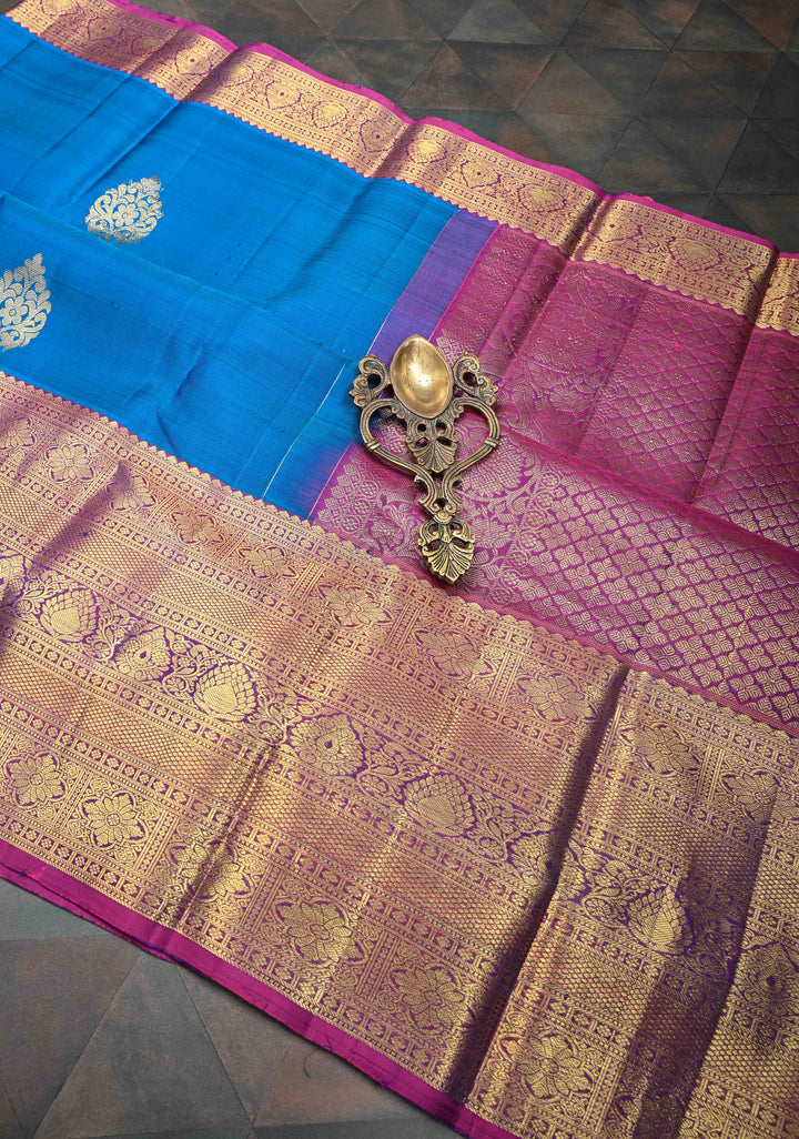 Sapphire Blue Kanjivaram Silk Saree with Zari Motifs and Wide Zari Border | SILK MARK CERTIFIED