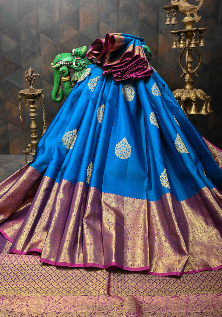 Sapphire Blue Kanjivaram Silk Saree with Zari Motifs and Wide Zari Border | SILK MARK CERTIFIED