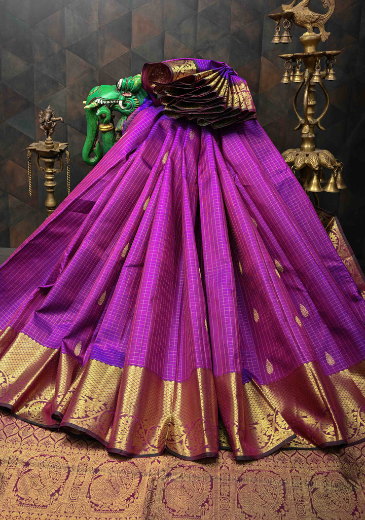 Purple Checks Pattern Kanjivaram Silk Saree with Zari Buttas and Contrast Zari Border | SILK MARK CERTIFIED