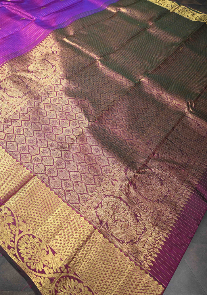 Purple Checks Pattern Kanjivaram Silk Saree with Zari Buttas and Contrast Zari Border | SILK MARK CERTIFIED