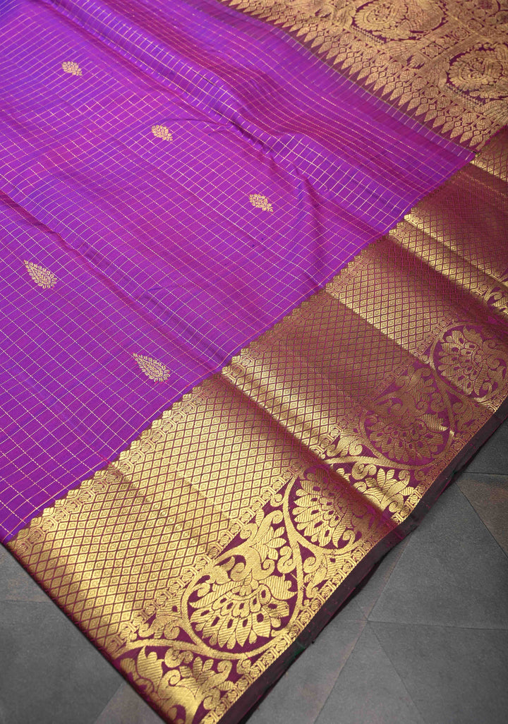 Purple Checks Pattern Kanjivaram Silk Saree with Zari Buttas and Contrast Zari Border | SILK MARK CERTIFIED