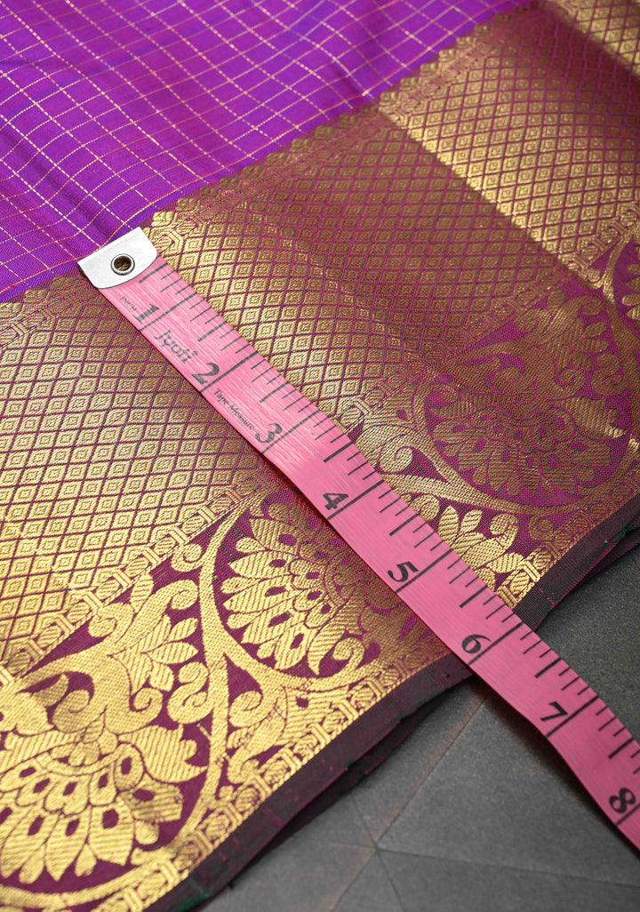 Purple Checks Pattern Kanjivaram Silk Saree with Zari Buttas and Contrast Zari Border | SILK MARK CERTIFIED
