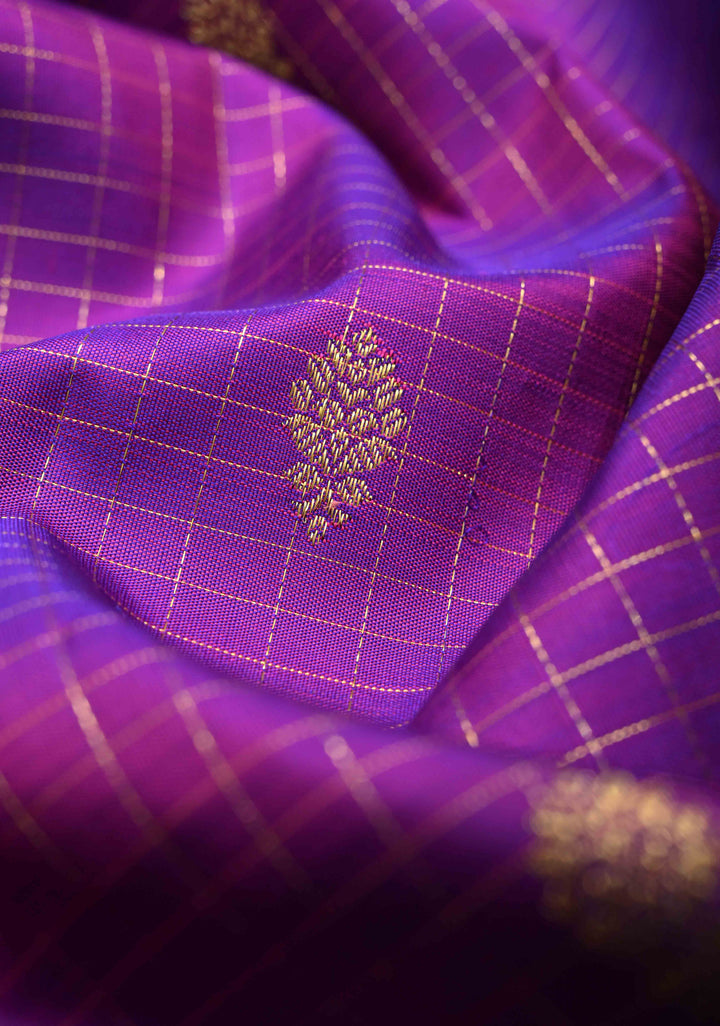 Purple Checks Pattern Kanjivaram Silk Saree with Zari Buttas and Contrast Zari Border | SILK MARK CERTIFIED