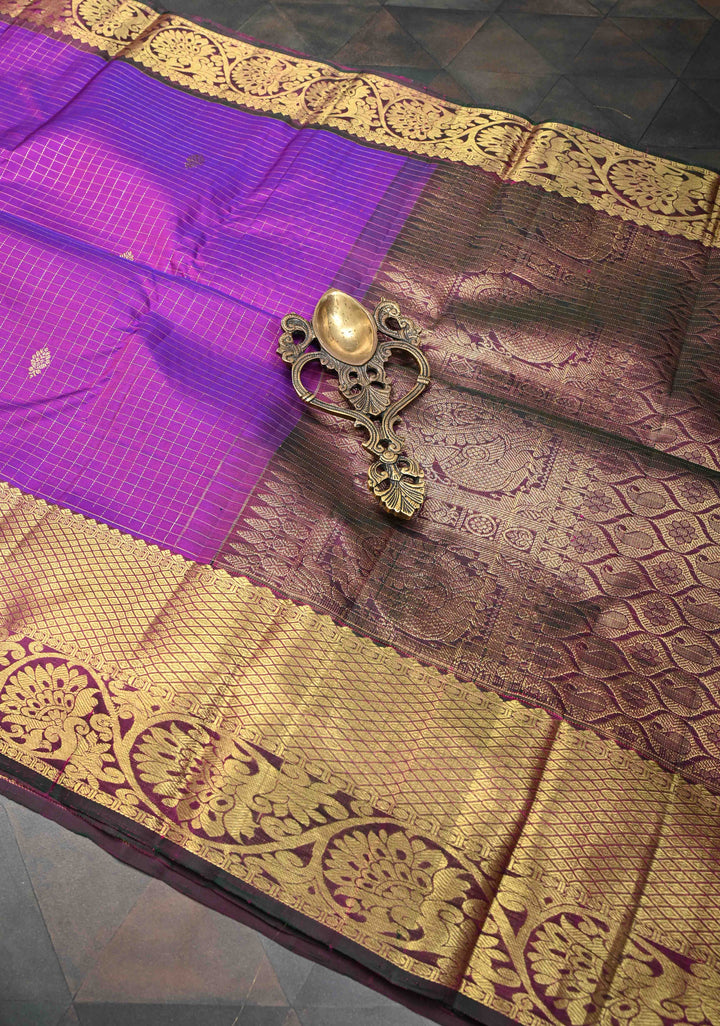 Purple Checks Pattern Kanjivaram Silk Saree with Zari Buttas and Contrast Zari Border | SILK MARK CERTIFIED