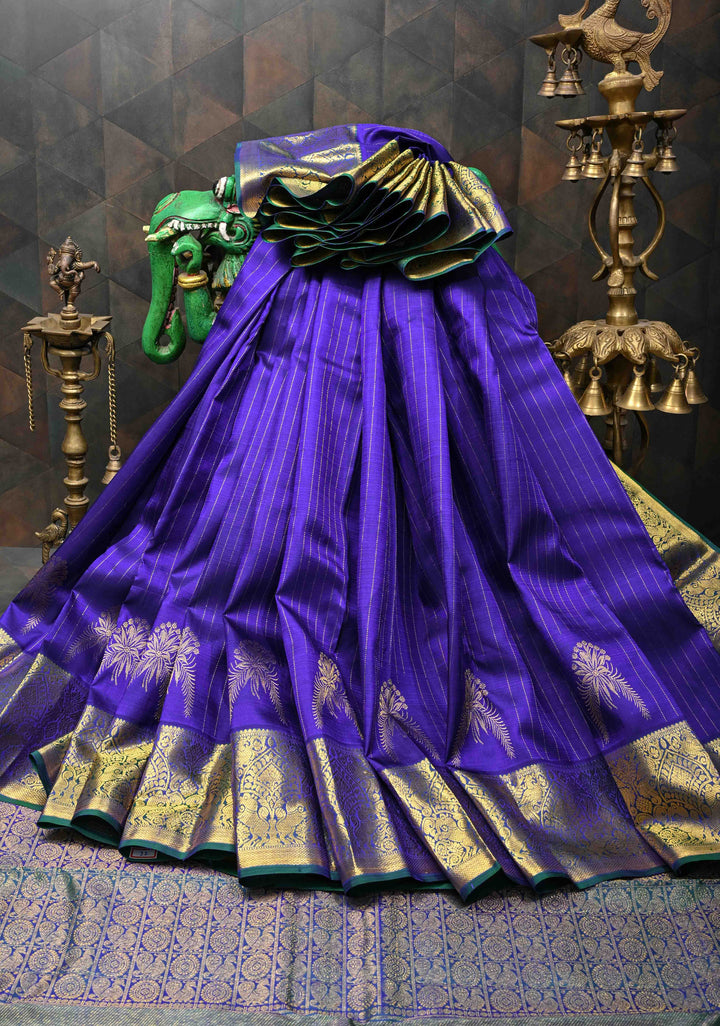 Navy Blue Kanjivaram Silk Saree with Zari Stripes & Buttas and Zari Border | SILK MARK CERTIFIED