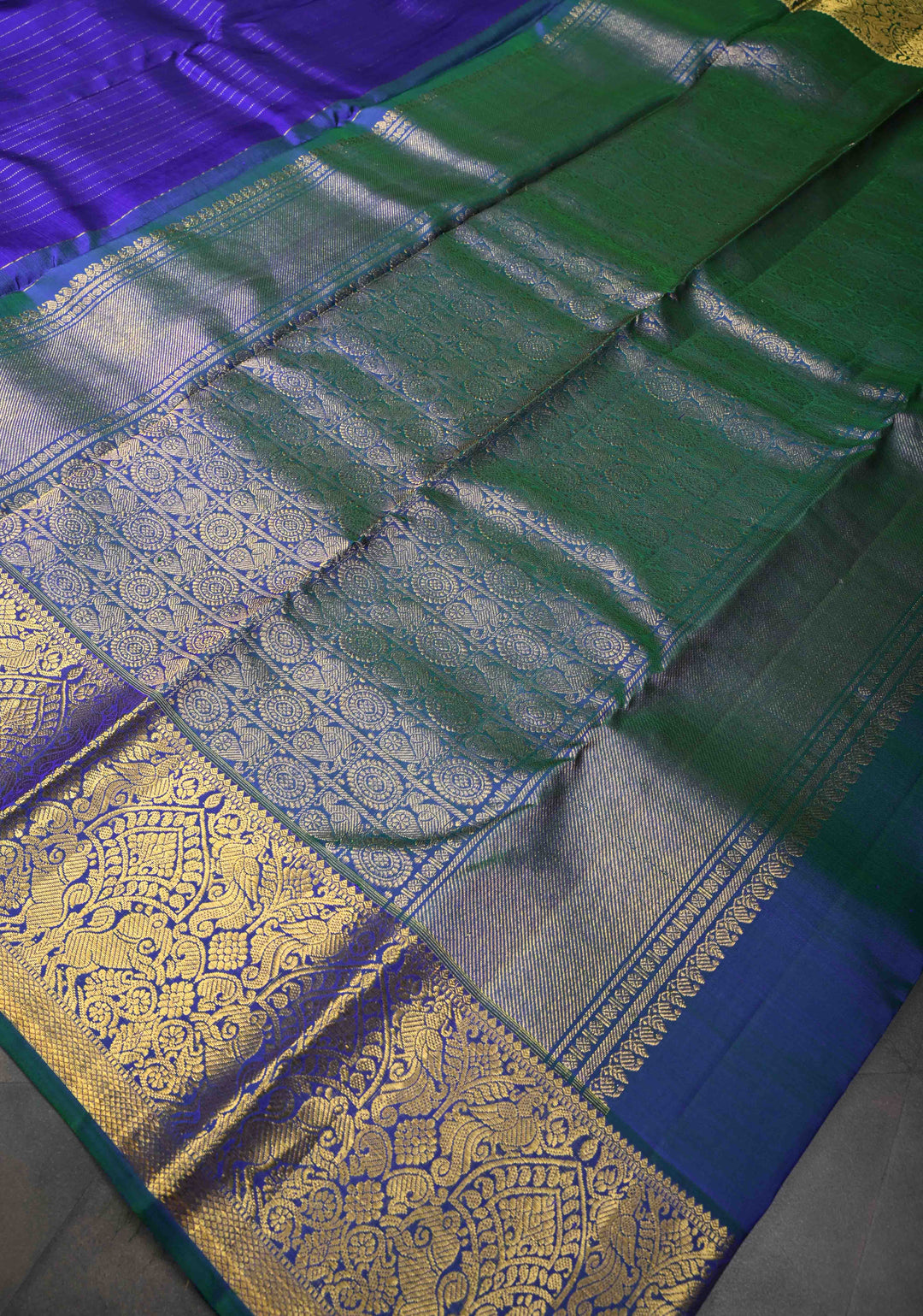 Navy Blue Kanjivaram Silk Saree with Zari Stripes & Buttas and Zari Border | SILK MARK CERTIFIED