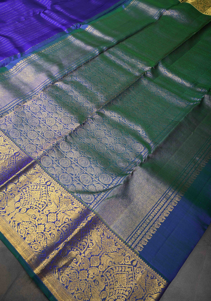 Navy Blue Kanjivaram Silk Saree with Zari Stripes & Buttas and Zari Border | SILK MARK CERTIFIED