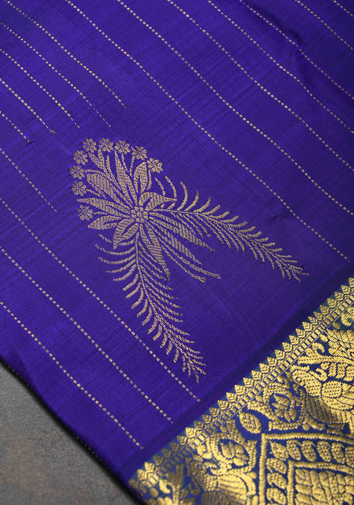 Navy Blue Kanjivaram Silk Saree with Zari Stripes & Buttas and Zari Border | SILK MARK CERTIFIED