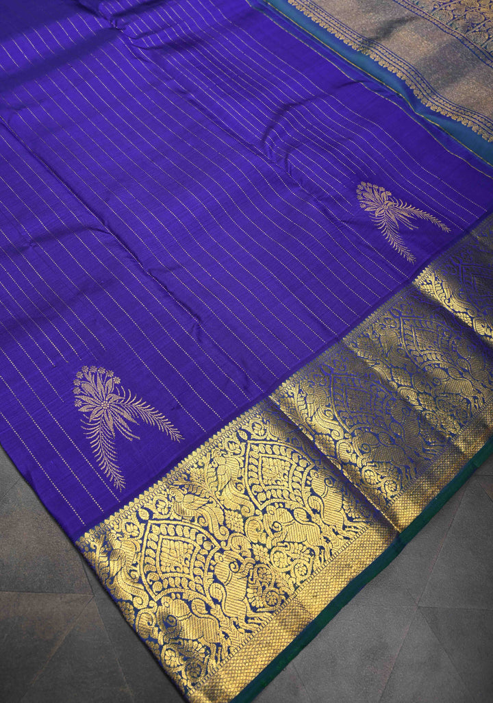 Navy Blue Kanjivaram Silk Saree with Zari Stripes & Buttas and Zari Border | SILK MARK CERTIFIED