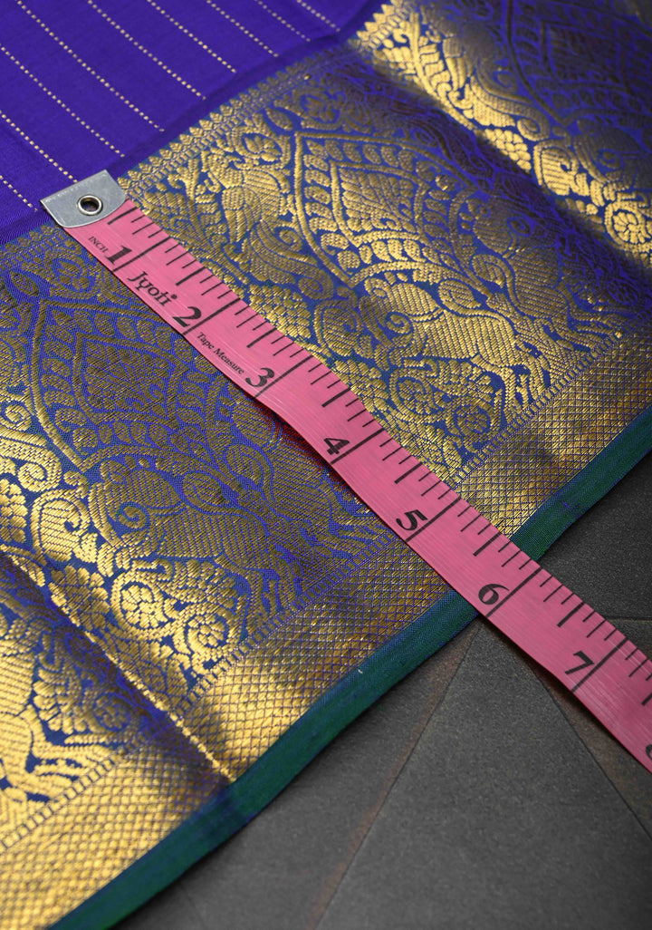 Navy Blue Kanjivaram Silk Saree with Zari Stripes & Buttas and Zari Border | SILK MARK CERTIFIED
