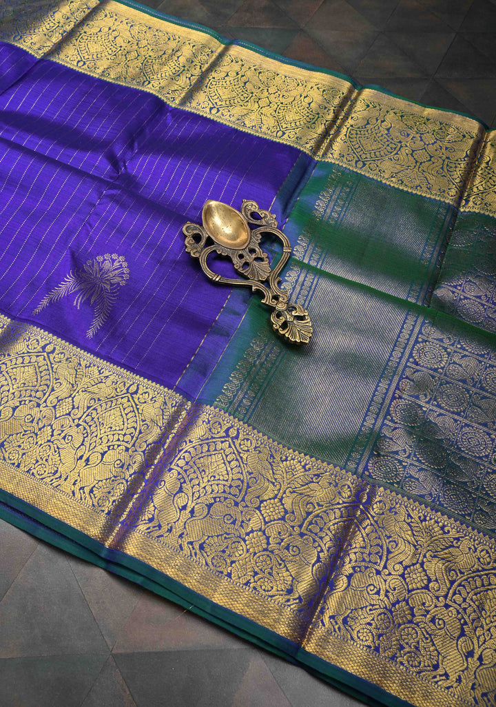 Navy Blue Kanjivaram Silk Saree with Zari Stripes & Buttas and Zari Border | SILK MARK CERTIFIED