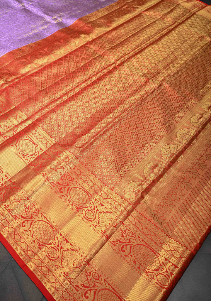 Lavender Tissue Semi Silk Saree in Kanchi Style with Peacock Brocade Jaal and Contrast Zari Border